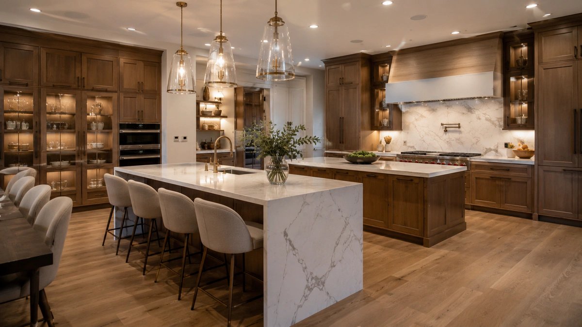 A finished Bloom Renovations kitchen in warm wood and stone